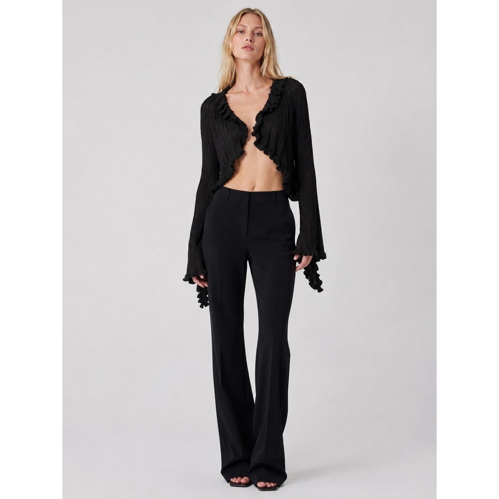 The Work Shop Black Ribbed Ruffle Cropped Cardigan Bell Sleeve Tie Front Size L
